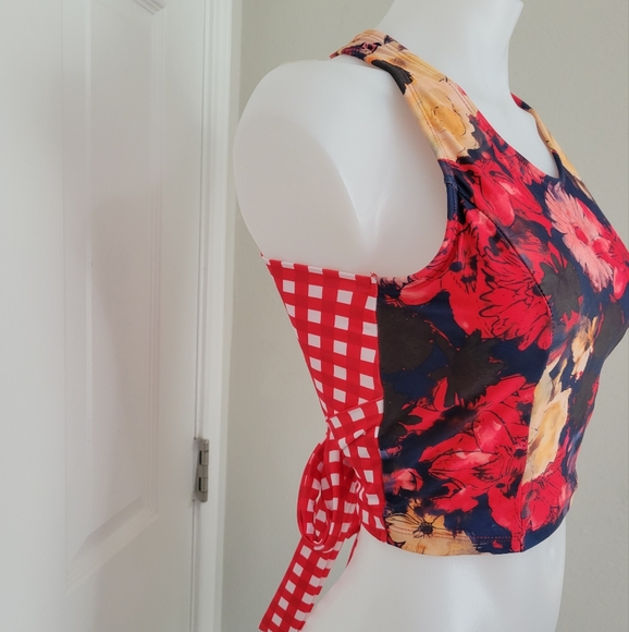 Lime Ricki Watercolor Crossback Tankini Top S NWT Red Floral X Gingham - Picture 2 of 13